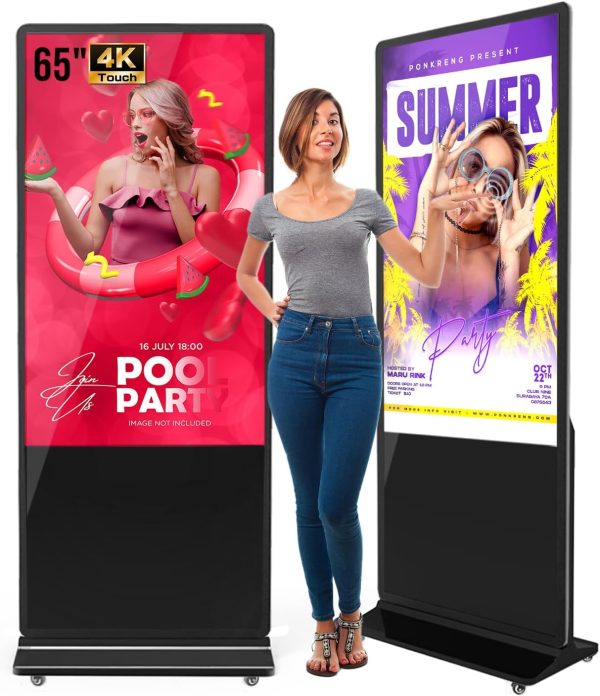 65 Inch 4K Touchscreen Kiosk, Indoor Floor Standing Digital Signage, Advertising Display LCD Totem, Interactive Monitor Android System H-D-M-I Input with Auto Media Player, Black